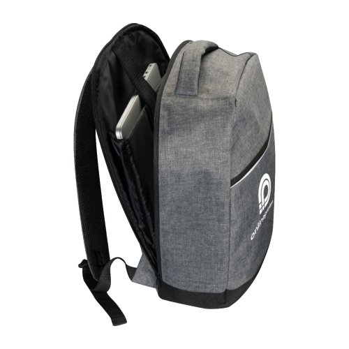 Zaino per laptop in tessuto grigio con spallacci regolabili.