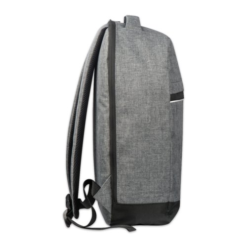 Zaino per laptop in tessuto grigio con cerniera.