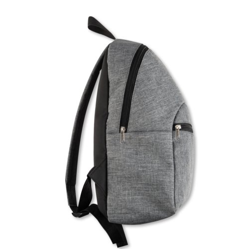 Zaino in tessuto grigio con cerniere e spallacci regolabili.
