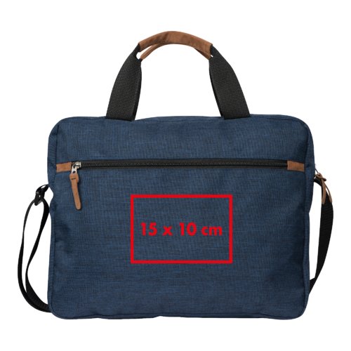 Borsa portadocumenti blu in tessuto con cerniera e manici.