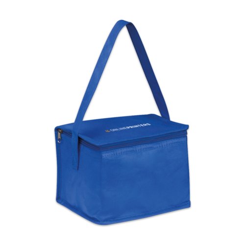 Borsa termica blu in tessuto non tessuto con cerniera e maniglia.