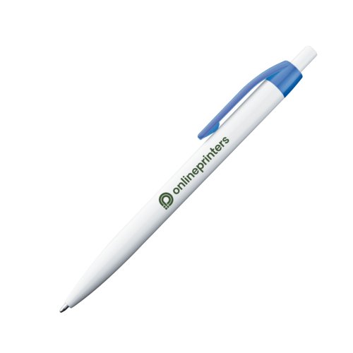 Penna a sfera in plastica blu con clip.