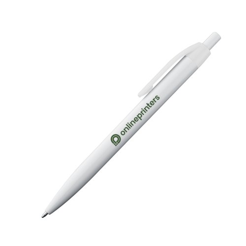 Penna a sfera in plastica bianca con clip e pulsante.