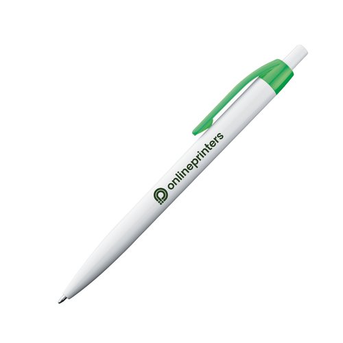 Penna a sfera in plastica bianca con clip colorata e meccanismo a scatto.