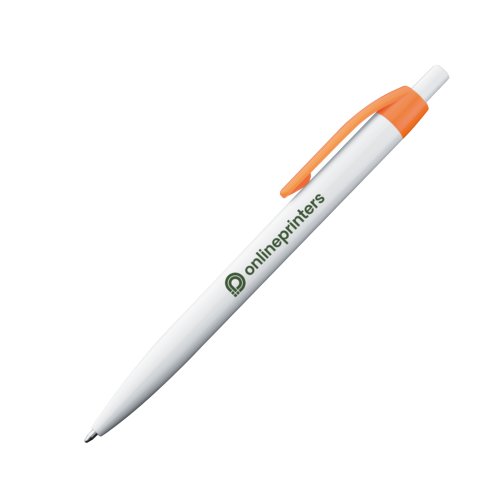 Penne a sfera arancione in plastica con clip e pulsante.