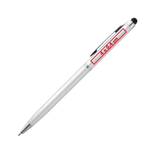 Penna a sfera argentata con funzione touch e clip.