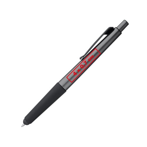 Penna a sfera grigia con funzione touch e clip.