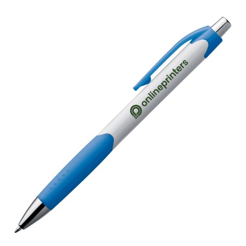 Penne a sfera in plastica blu con clip e pulsante.