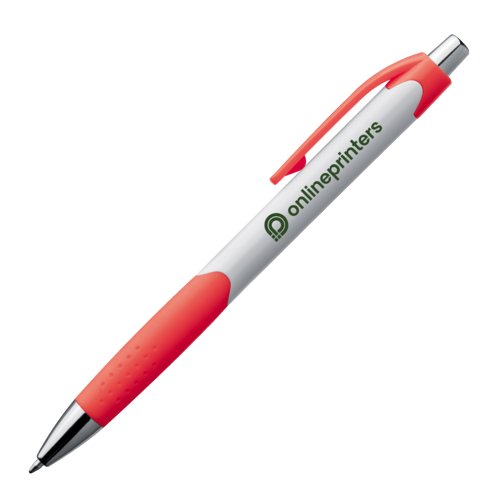 Penne a sfera in plastica rossa con clip e pulsante.