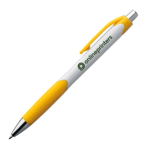 Penne a sfera in plastica gialla con clip e pulsante.
