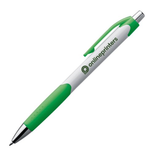 Penna a sfera in plastica verde con clip e pulsante.