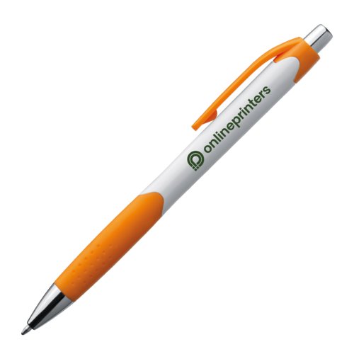 Penna a sfera in plastica arancione con clip e pulsante.