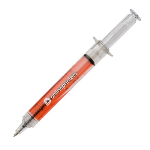 Penna a sfera rossa in plastica a forma di siringa con cappuccio rimovibile.