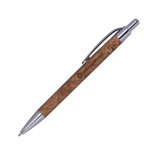 Penna a sfera in sughero marrone con elementi in metallo e clip.