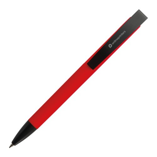 Penna a sfera rossa con clip e meccanismo a pressione.