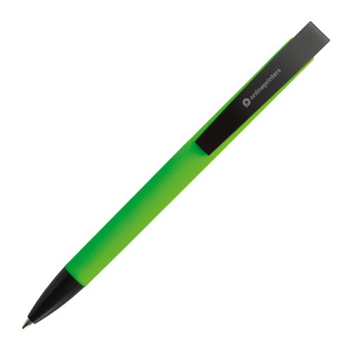 Penna a sfera verde con clip e meccanismo a pressione.