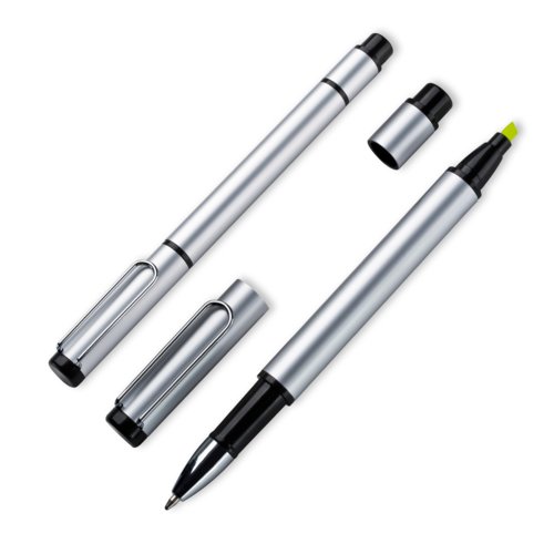 Penna doppia in metallo grigio con penna a sfera ed evidenziatore.