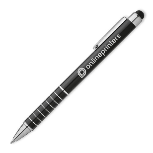 Penna a sfera nera in metallo con touch pen e clip.
