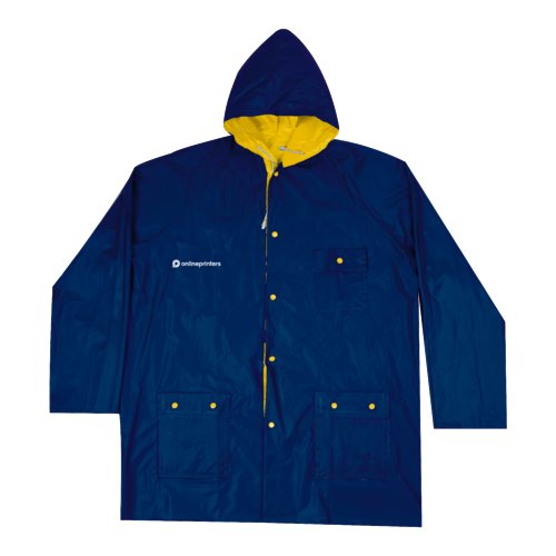 Giacca antipioggia reversibile blu e gialla con cappuccio e tasche.