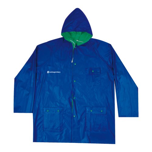 Giacca da pioggia reversibile blu e verde con cappuccio e tasche.