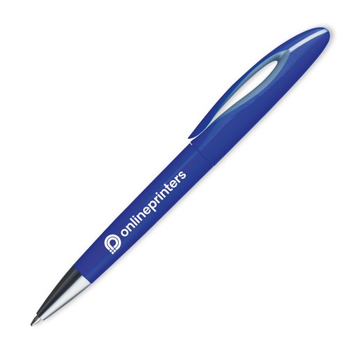 Penna a sfera in plastica blu con clip e meccanismo a pressione.