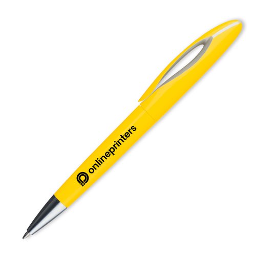 Penne a sfera in plastica gialla con clip e pulsante.