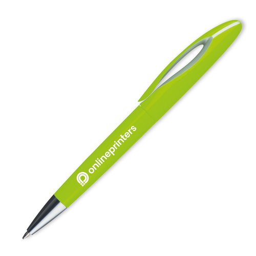 Penna a sfera in plastica verde con clip e meccanismo a scatto.