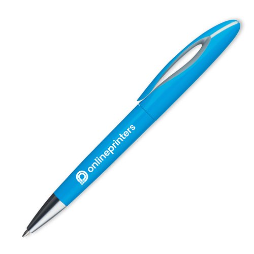 Penne a sfera in plastica azzurra con motivo e pulsante.