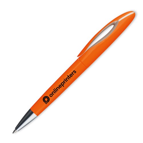 Penna a sfera in plastica arancione con clip.