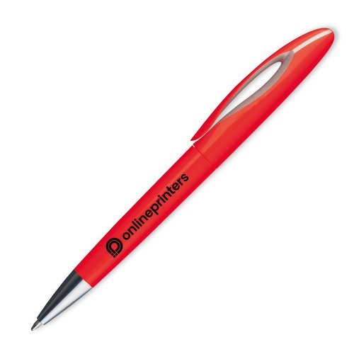 Penna a sfera rossa in plastica con clip e pulsante.
