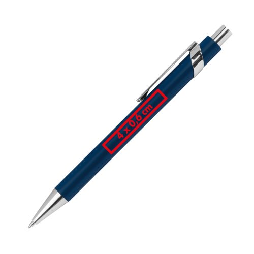 Penna a sfera in metallo blu con clip.