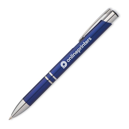 Penna a sfera in metallo blu con clip e meccanismo a pressione.