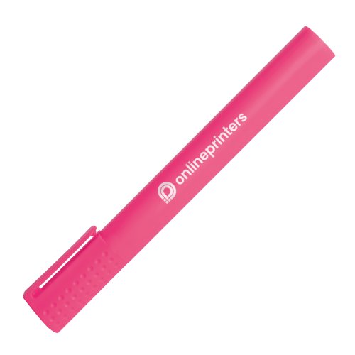 Evidenziatore rosa con punta a scalpello e cappuccio.