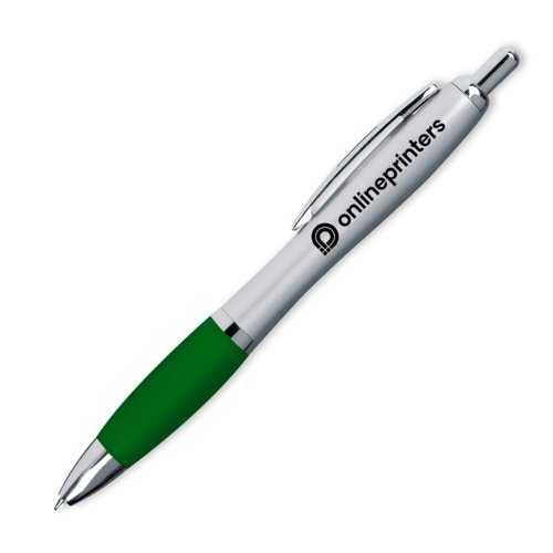 Penna a sfera verde con clip e meccanismo a pressione.