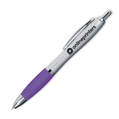 Penna a sfera in plastica viola con clip e pulsante.