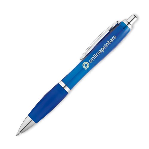 Penne a sfera in plastica blu con motivo, clip e pulsante.