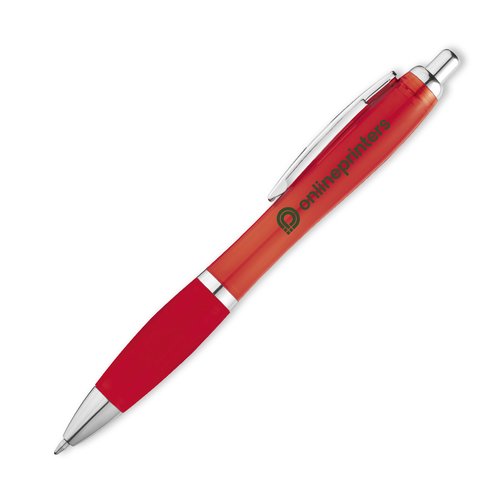 Penne a sfera in plastica rossa con clip e pulsante.