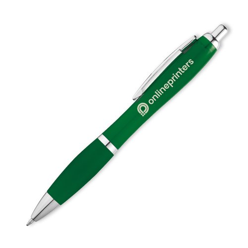 Penna a sfera verde con clip e meccanismo a pressione.