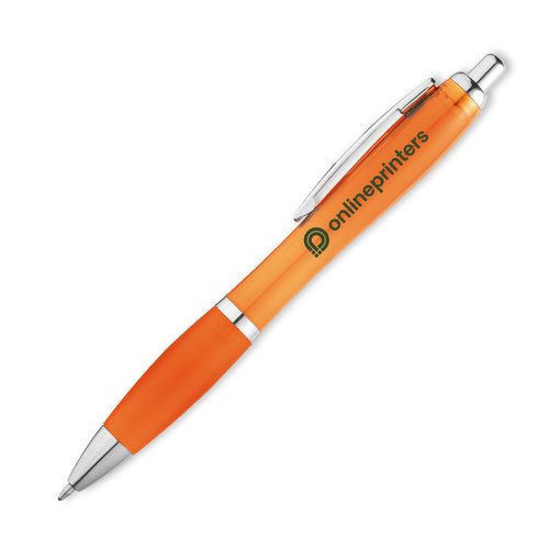 Penne a sfera in plastica arancione con clip e pulsante.