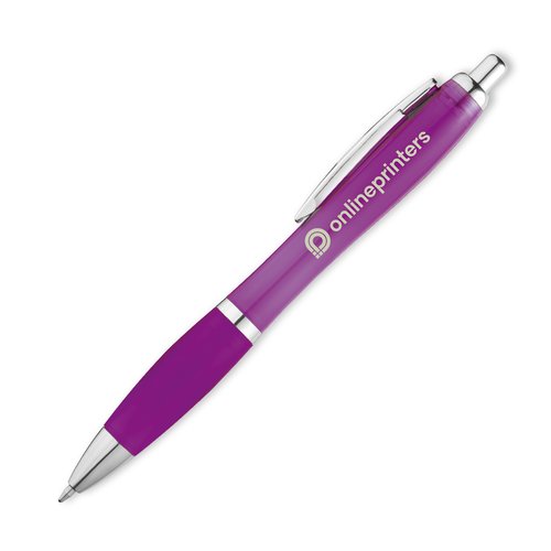 Penne a sfera in plastica viola con clip e pulsante.