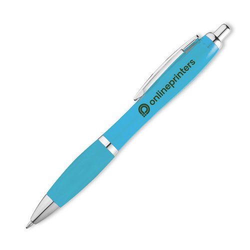 Penna a sfera azzurra con clip e pulsante.