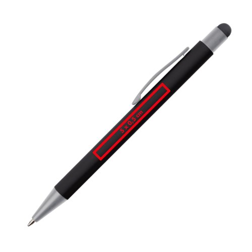 Penna a sfera nera con touch pen e clip.