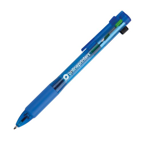 Penna a sfera blu 4 in 1 con clip e inchiostri di vari colori.