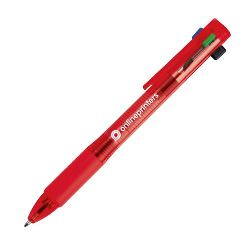 Penna a sfera 4 in 1 rossa in plastica con clip e meccanismo a pressione.