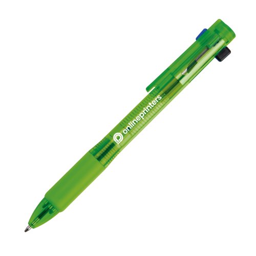 Penna a sfera in plastica verde con quattro ricariche e clip.
