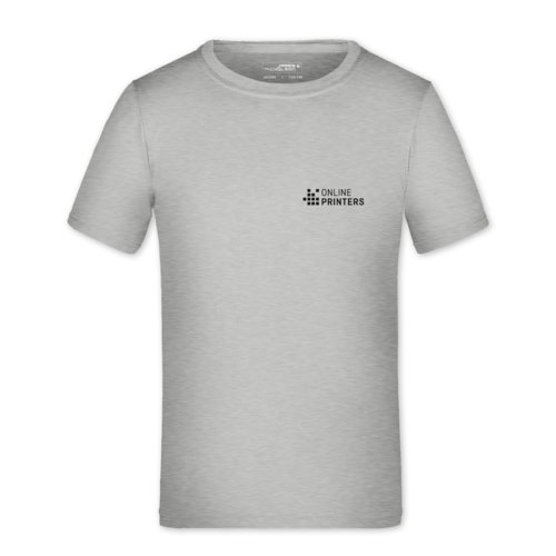T-shirt da bambino in poliestere grigio mlange con maniche corte.