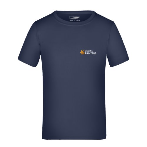T-shirt blu scuro in poliestere per bambini con maniche corte.