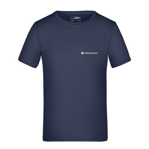 T-shirt blu scuro in poliestere per bambini con maniche corte.