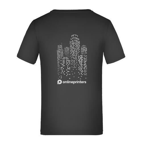 T-shirt nera da bambino in poliestere a maniche corte.