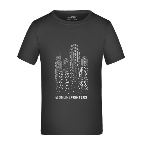 T-shirt nera da bambino in poliestere a maniche corte.